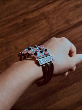 Y2K Multi-Row Bracelet Pink White Evil Eye Glass Mixed Beads Velvet Black Cuff